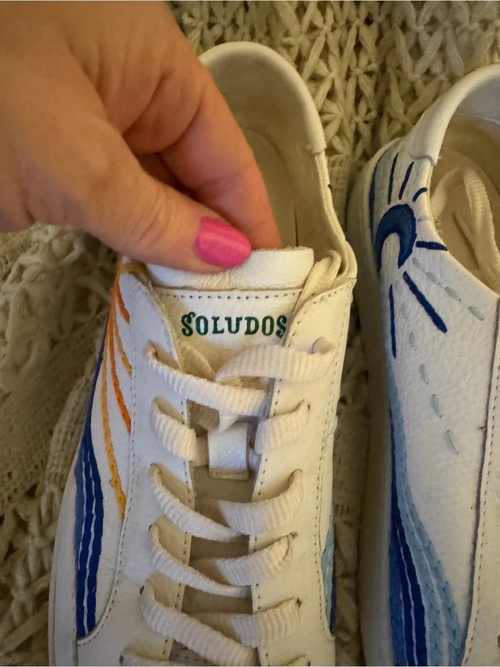 Soludos White Leather Sun Moon Wave Sneakers Artistic Coastal Shoes leather